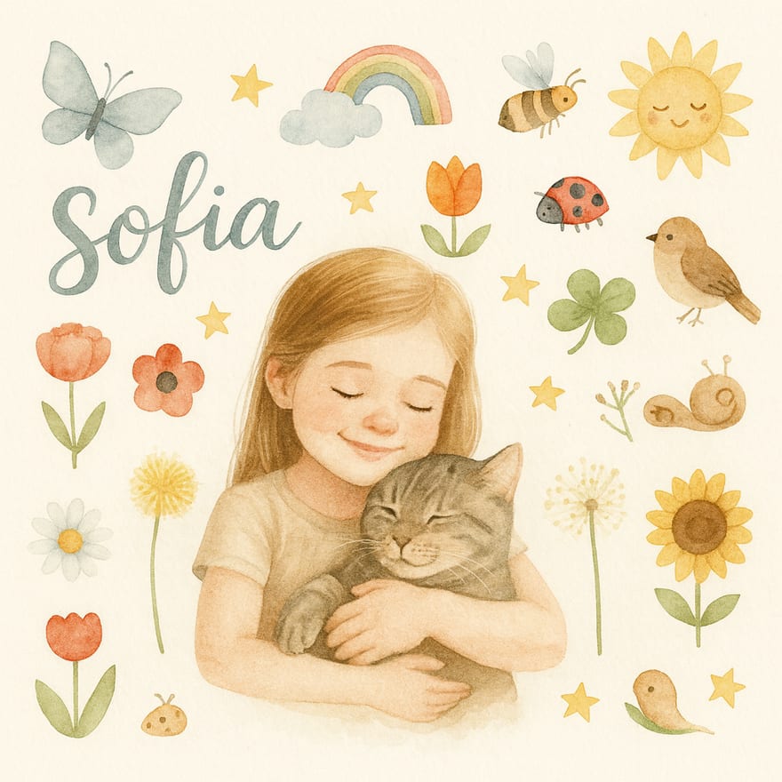 Sofia & ihre Katze – als Aquarell
